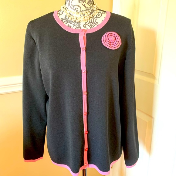 Sag Harbor Sweaters - SAG Harbor- women’s button up cardigan, black and pink, size XL